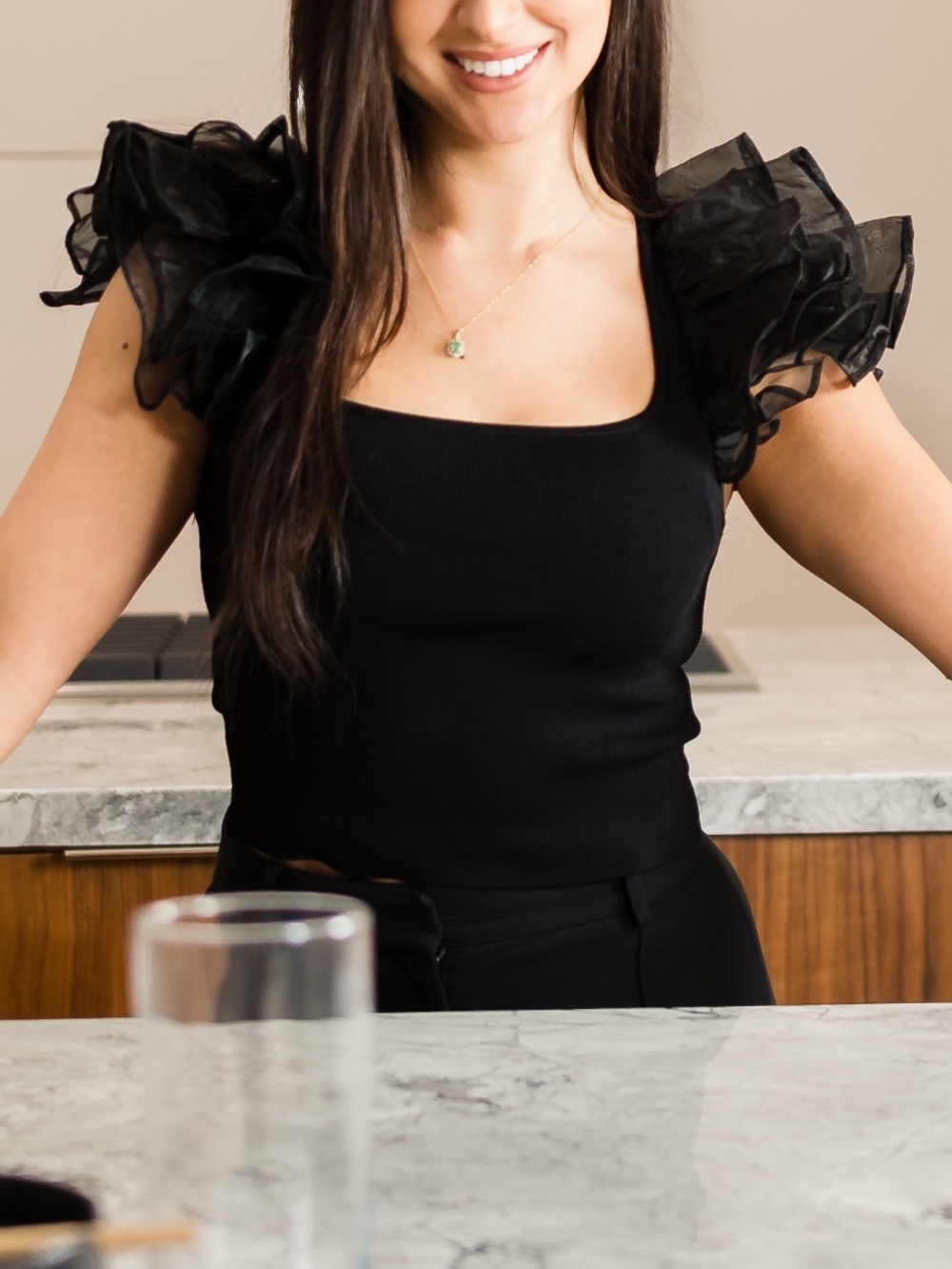 Alice + Olivia Black Ruffle-Sleeve Square Neck Tank